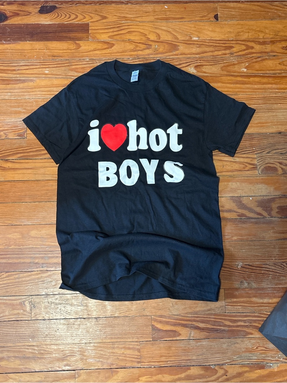 Black Graphic Tee with Red Heart "I ♥ Hot Boys"